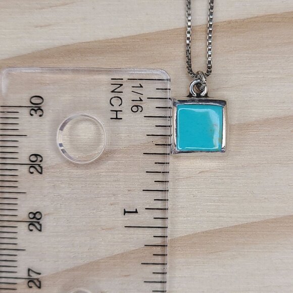 Vintage Sterling Silver Square Turquoise Pendant Necklace Minimalist 19" - Picture 8 of 8